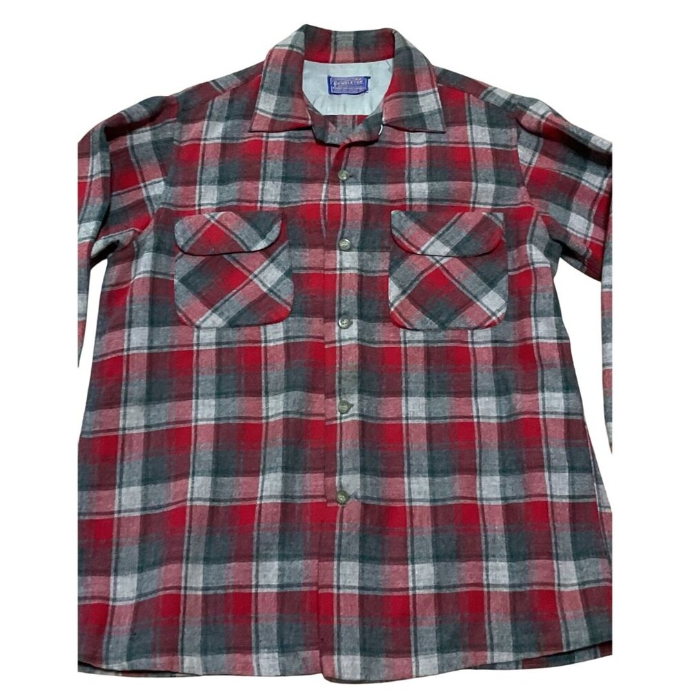 Vtg Pendleton Board Shirt Shacket M Loop Collar Red Gray Plaid Virgin Wool USA - Picture 2 of 6